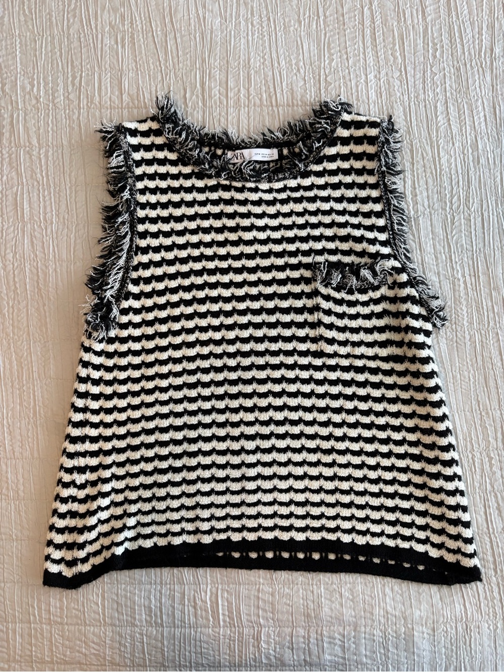 Zara Black & White Fringed Knit Shell Top